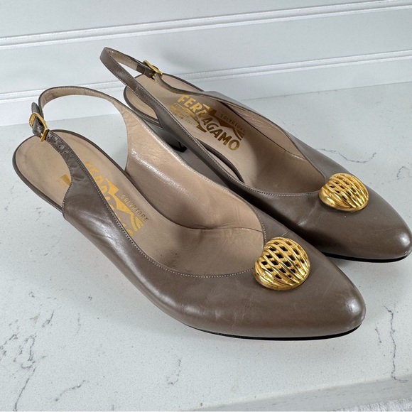 Salvatore Ferragamo Shoes - Salvatore Ferragamo VINTAGE Slingback Pumps, Taupe, Size 5.5B